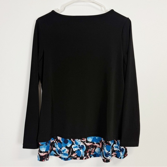 Susan Graver Liquid Knit Blouse Womens XS Black Blue Floral Trim Gold Button - Picture 2 of 8